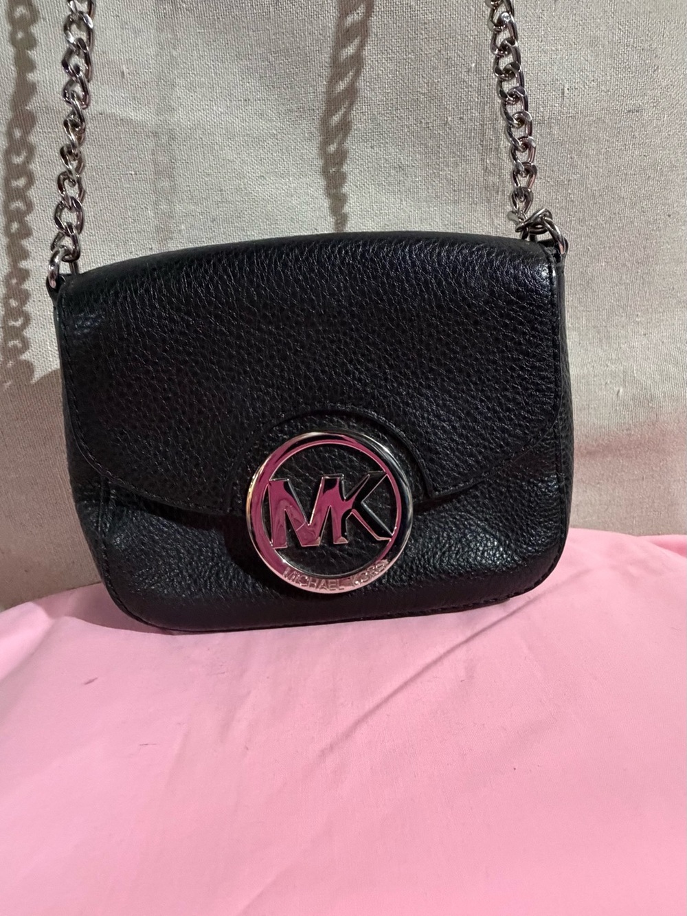 Michael Kors Black Pebbled Leather Silver Chain Shoulder Crossbody